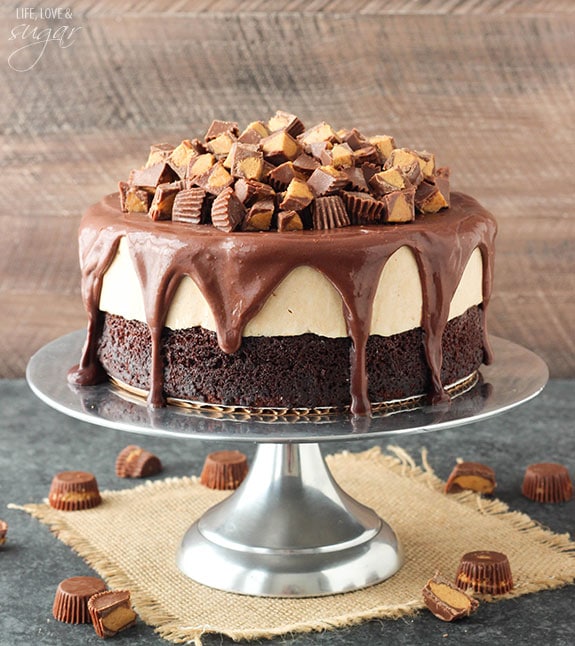 Peanut Butter Cup Ice Cream Cake on a silver cake stand