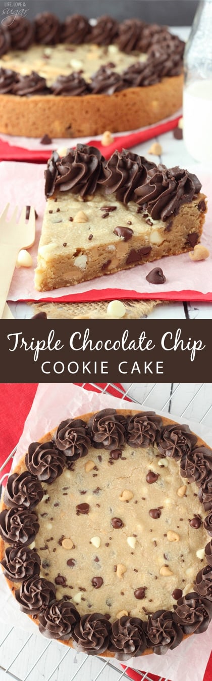 Triple Chocolate Chip Cookie Cake - super soft and chewy classic cookie cake filled with three kinds of candy chips!