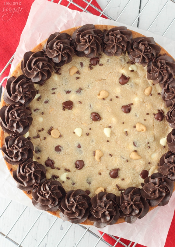Overhead view of Triple Chocolate Chip Cookie Cake