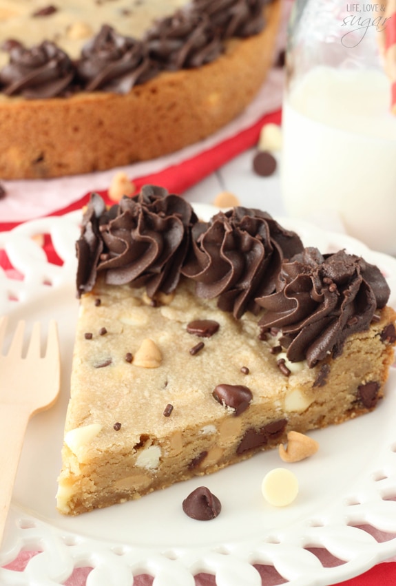 Triple Chocolate Chip Cookie Cake slice on a white plate