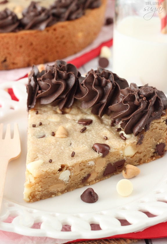 Triple Chocolate Chip Cookie Cake slice on a white plate