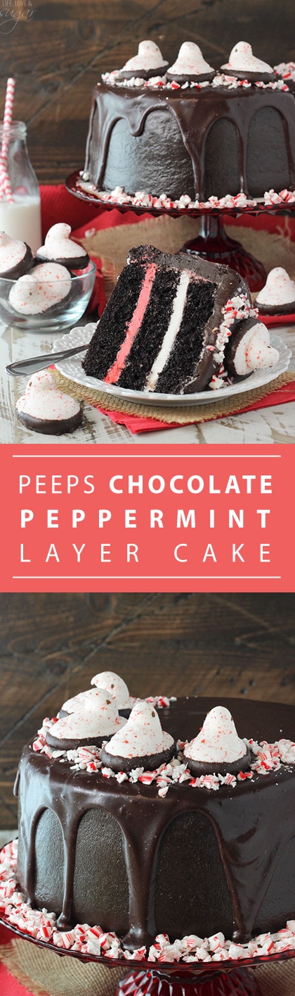 PEEPS® Peppermint Chocolate Cake - a super moist chocolate cake with peppermint filling and chocolate icing! Topped with Chocolate Dipped Candy Cane Flavored Chicks! Such a fun dessert for Christmas!