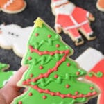 Cutout Sugar Cookies with Royal Icing decorated Christmas tree close up