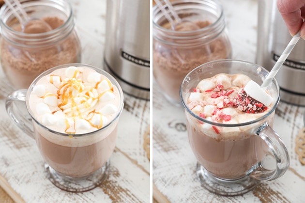 two image - hot chocolate with caramel sauce and marshmallows and one with peppermint pieces and marshmallows