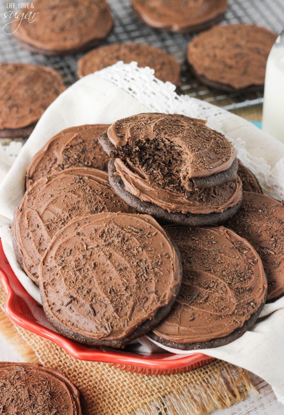 Grandfather's Favorite Chocolate Cookies stacked on a plate with a bite out of one