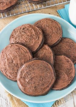 Grandfather's Favorite Chocolate Cookies on blue plate close up