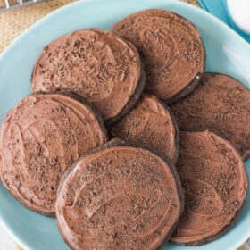 Grandfather's Favorite Chocolate Cookies on blue plate close up
