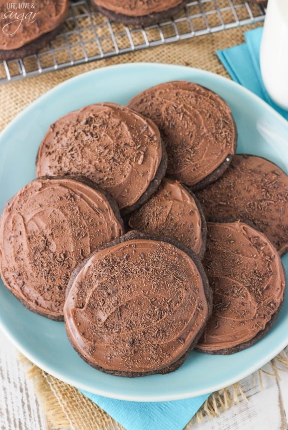 Overhead view of Grandfather's Favorite Chocolate Cookies on a blue plate