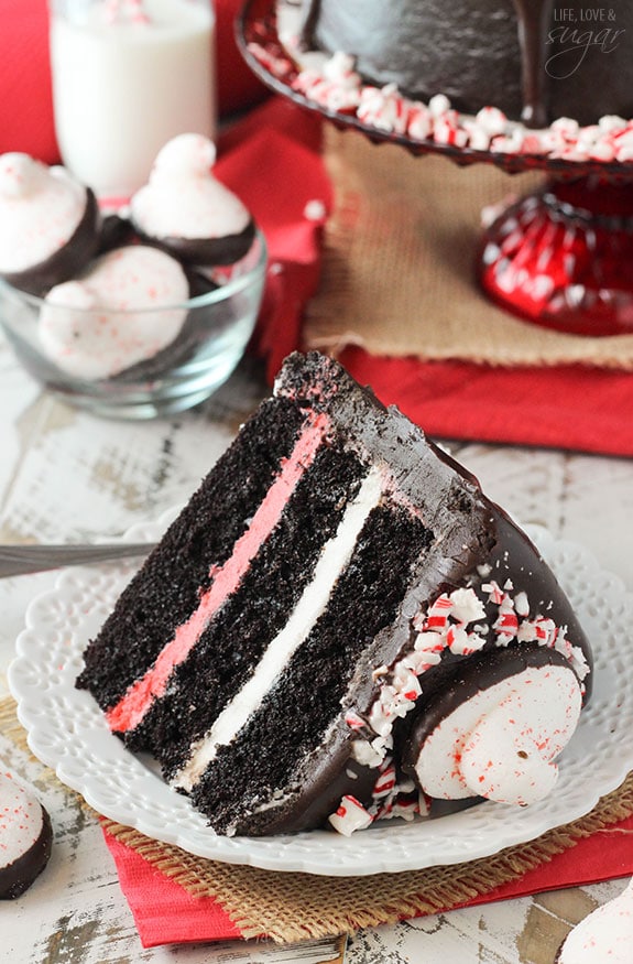 A slice of PEEPS® Peppermint Chocolate Cake on a white plate
