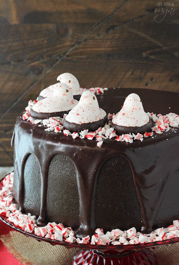 PEEPS® Peppermint Chocolate Cake on a red cake stand