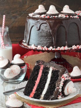 Peeps Chocolate Peppermint Cake slice on white plate