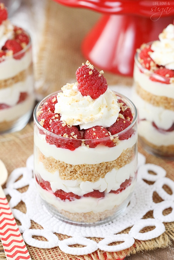 Raspberry Amaretto Cheesecake Trifle in a glass