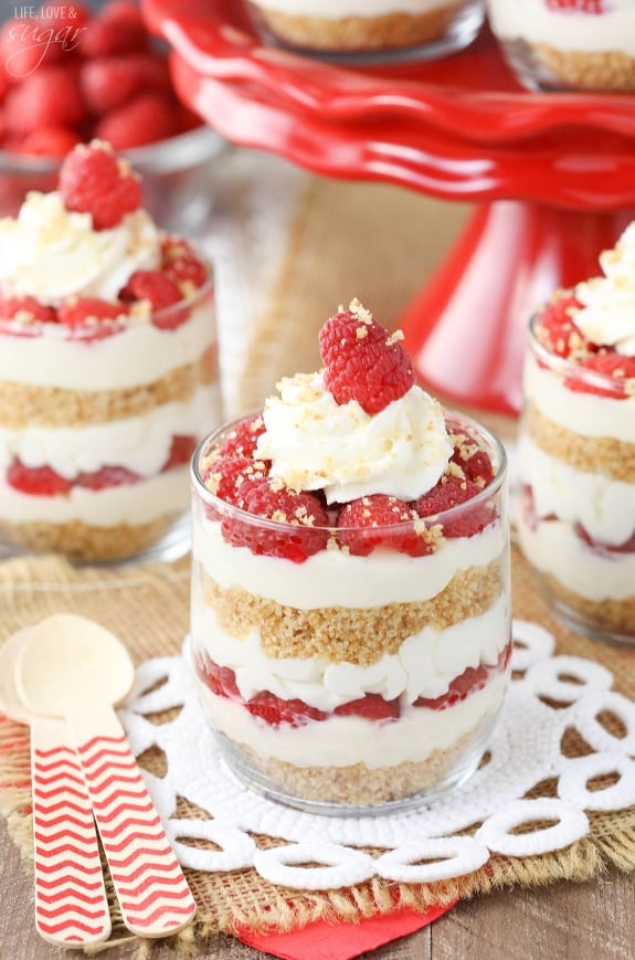 Raspberry Amaretto Cheesecake Trifles in glasses