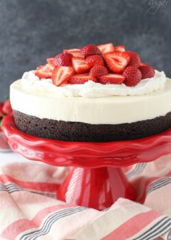 Strawberry Brownie Cheesecake on red stand close up