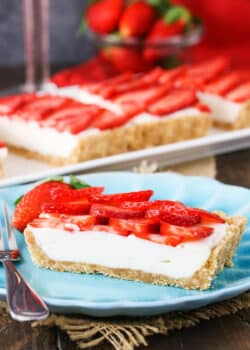 A slice of tart on a plate with the remaining slices on a platter behind it