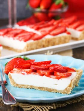 A slice of tart on a plate with the remaining slices on a platter behind it