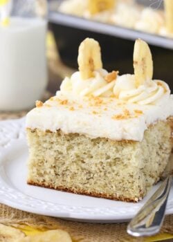 Banana Cake with Cream Cheese Frosting slice on white plate