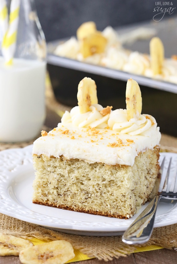 Banana Cake with Cream Cheese Frosting slice on a plate