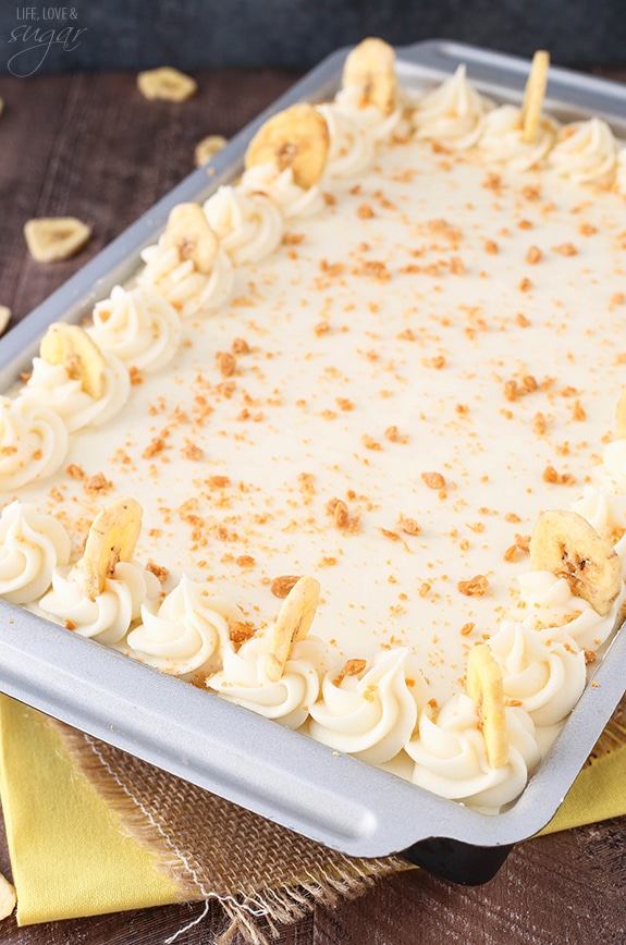 Overhead view of Banana Cake with Cream Cheese Frosting in a 9x13 pan