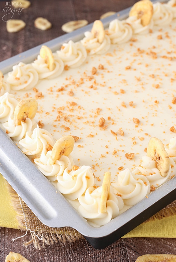 Overhead view of Banana Cake with Cream Cheese Frosting in a 9x13 pan