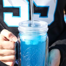 Carolina Panther Punch in front of Panthers jersey