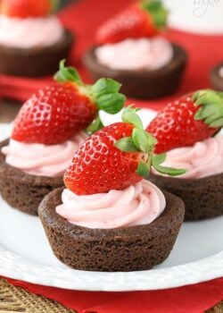 Strawberry Cheesecake Chocolate Cookie Cups on a plate