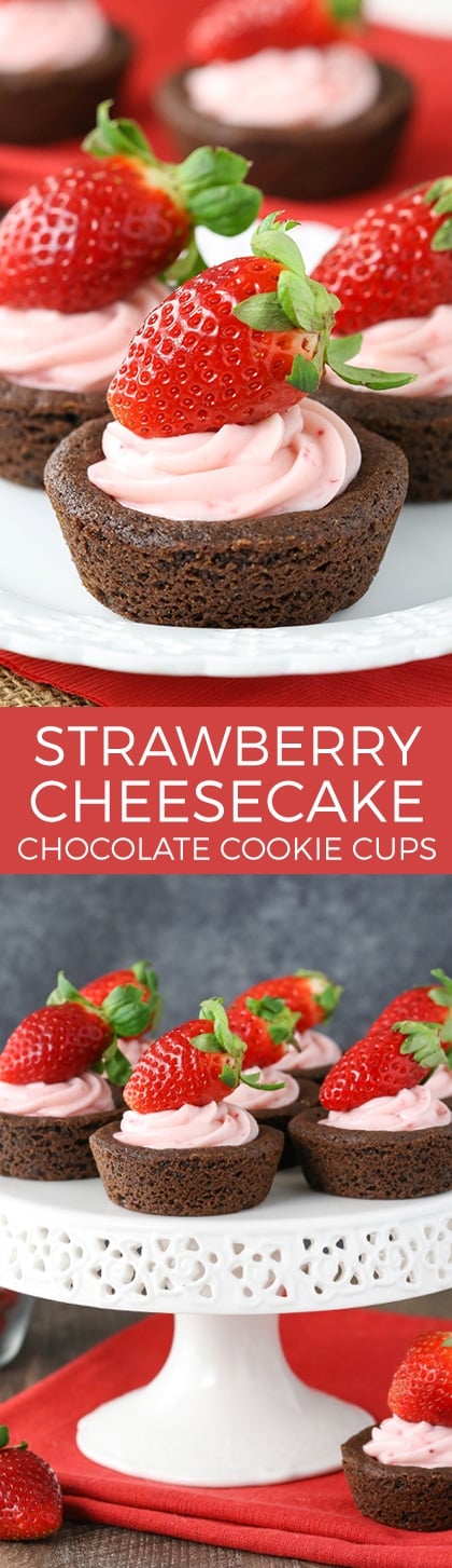 Strawberry Cheesecake Chocolate Cookie Cups - easy to make, delicious and a great treat for Valentine's Day!