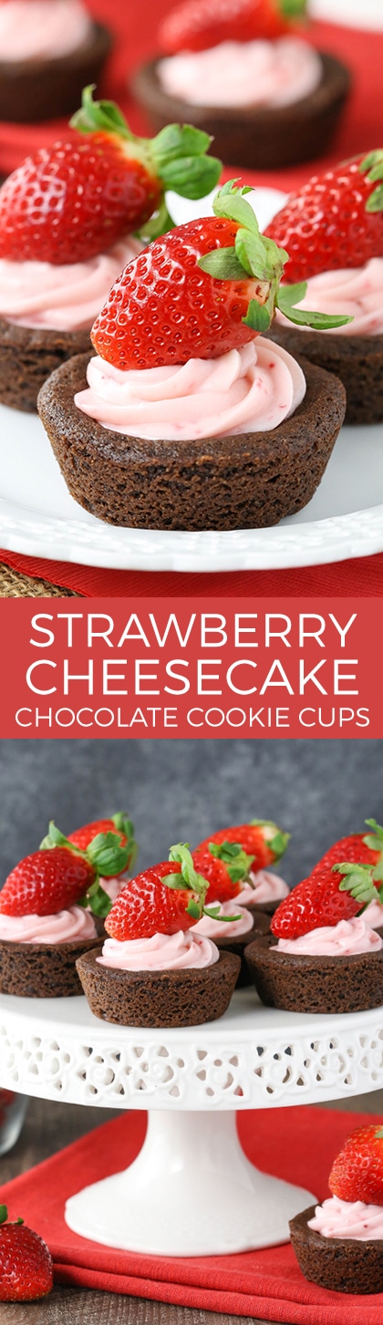 Strawberry Cheesecake Chocolate Cookie Cups - easy to make, delicious and a great treat for Valentine's Day!