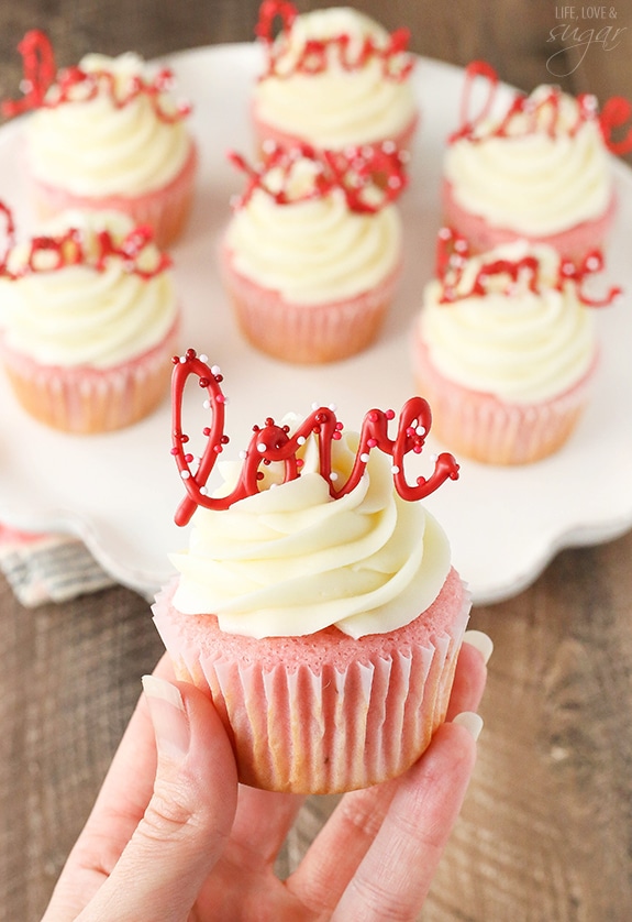 Strawberry Cupcakes with Cream Cheese Frosting - the love toppers make them the perfect treat for Valentine's Day!