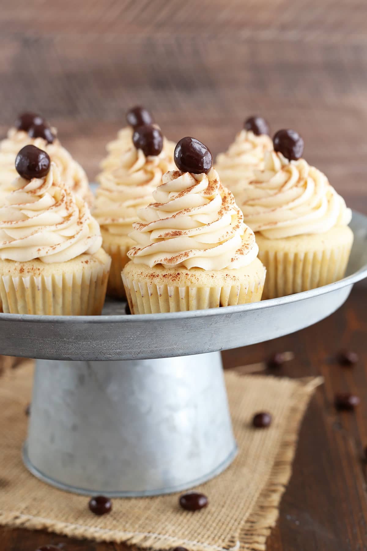 Tiramisu Cupcakes on silver stand