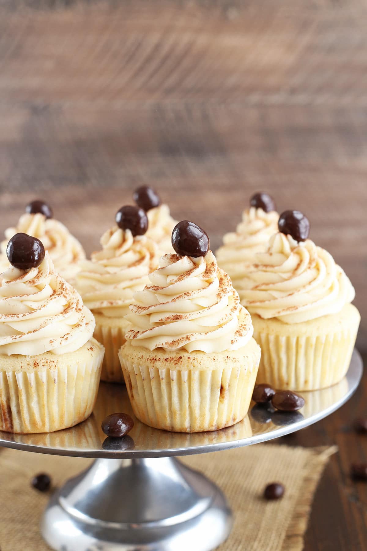 Tiramisu Cupcakes on silver stand close up