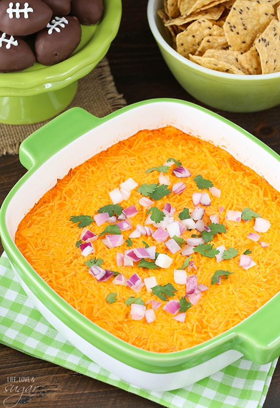 Overhead view of Buffalo chicken dip in a casserole dish