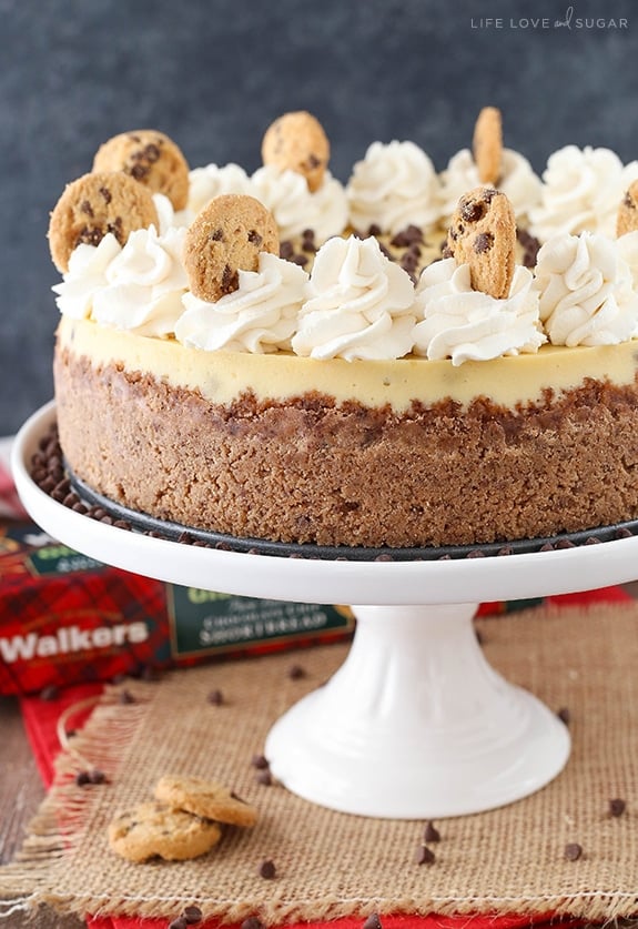 Chocolate Chip Shortbread Cheesecake on a white cake stand