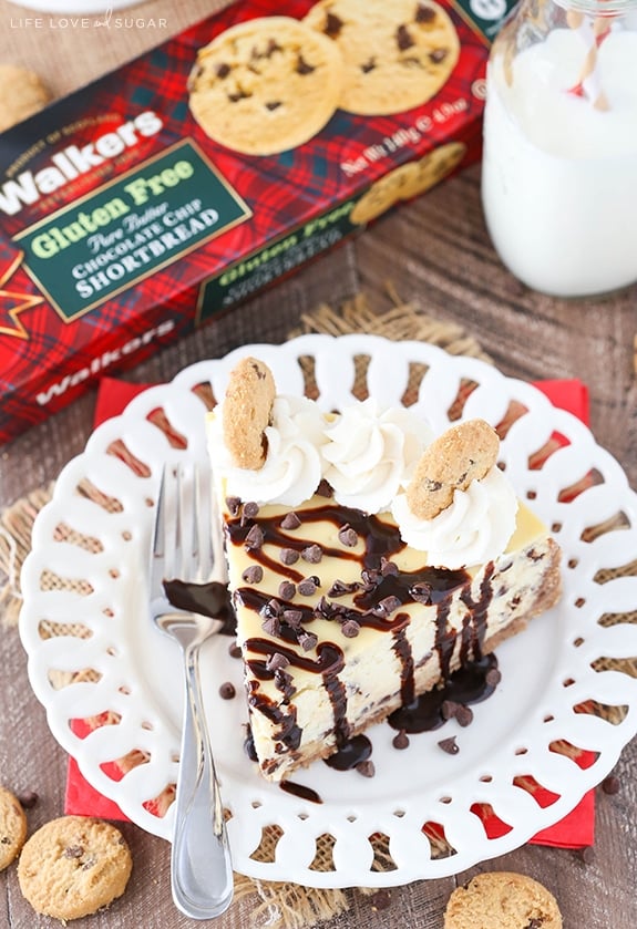 Overhead view of a slice of Chocolate Chip Shortbread Cheesecake on a plate