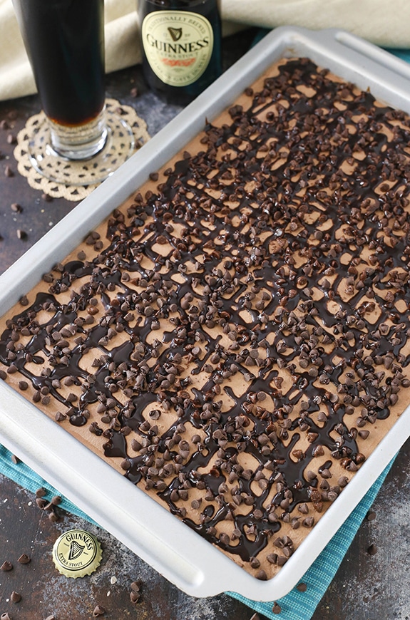Overhead view of Homemade Guinness Chocolate Poke Cake in a 9x13 pan