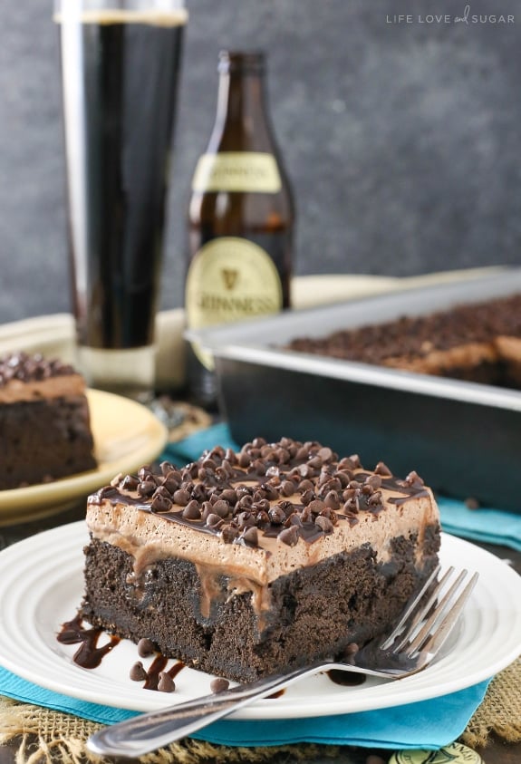 Guinness Chocolate Poke Cake slice on a plate