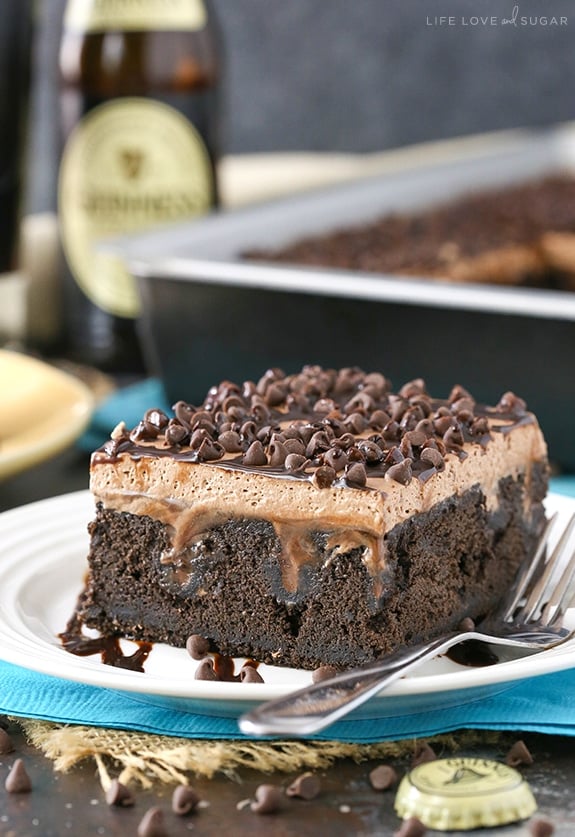 Guinness Chocolate Poke Cake slice on a plate