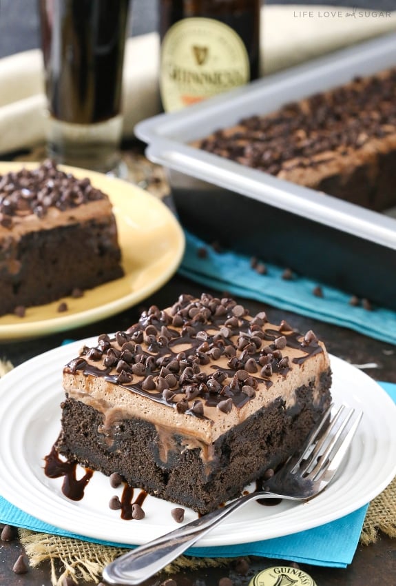 Guinness Chocolate Poke Cake slice on a plate