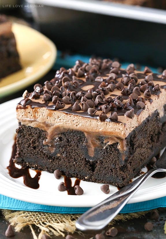 A slice of Guinness Chocolate Poke Cake on a plate