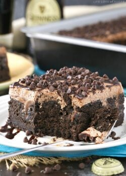 Guinness Chocolate Poke Cake slice on a plate with a bite taken out