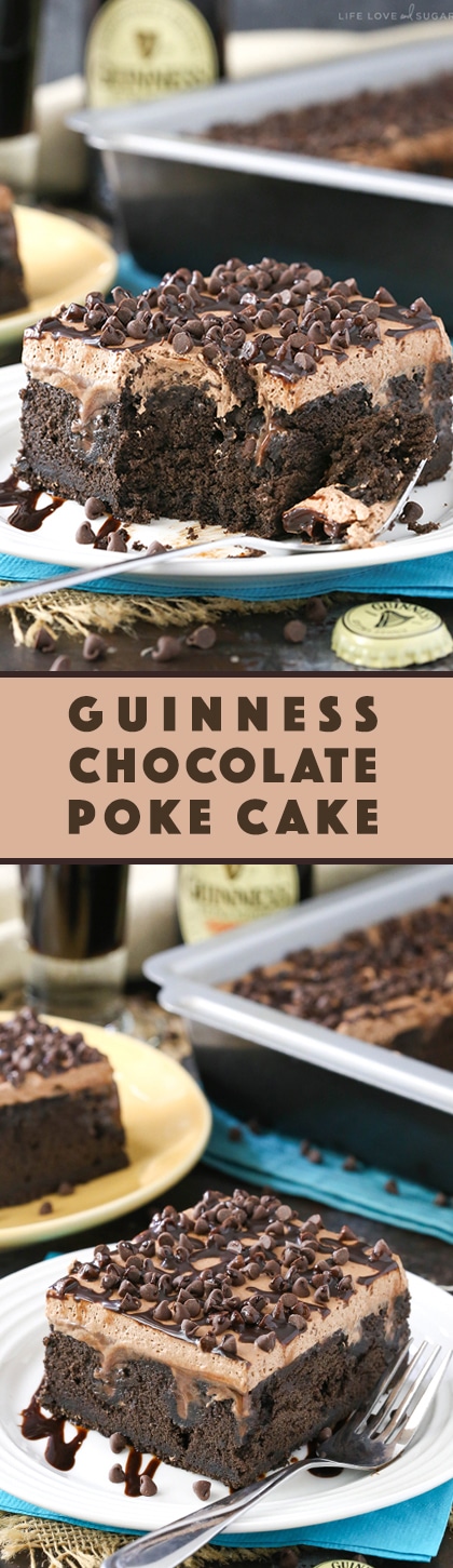 Guinness Chocolate Poke Cake - so moist and full of chocolate and Guinness flavor! Such a great dessert for St. Patricks Day!