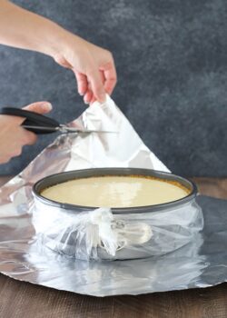 image of springform pan in plastic liner and foil