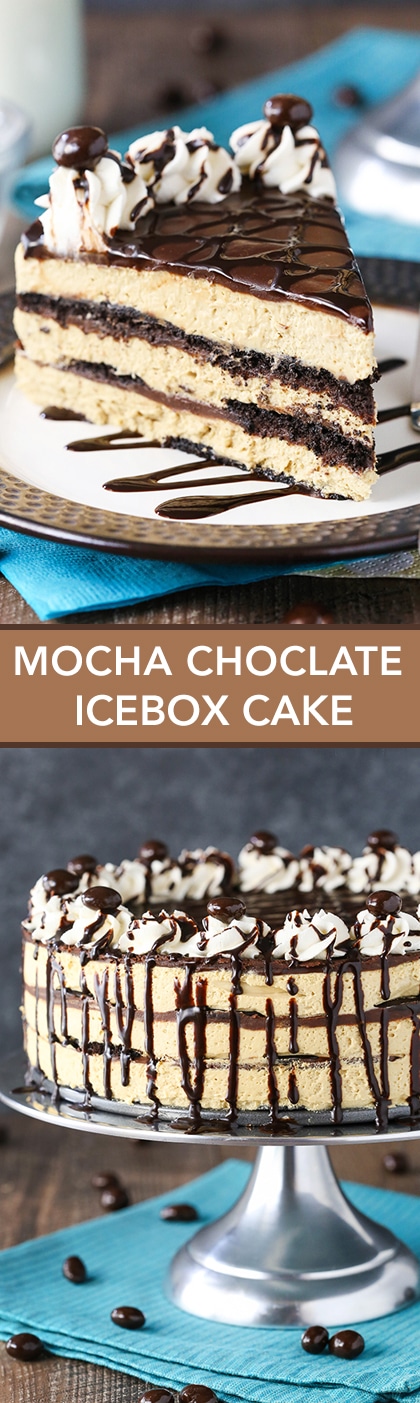 Mocha Chocolate Icebox Cake - layers of coffee filling, chocolate wafer cookies and chocolate ganache! Such an easy no-bake dessert!