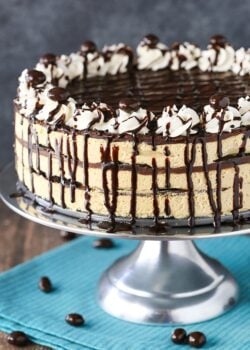Side view of a Mocha Chocolate Icebox Cake on a metal cake stand