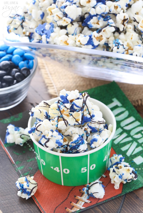 Team colors popcorn in a football-themed cup