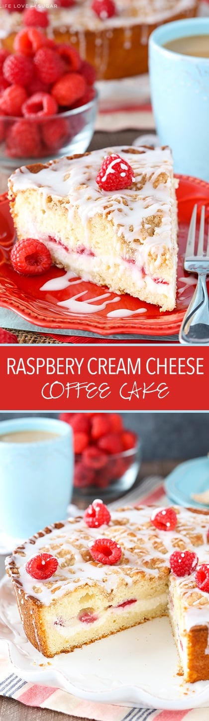 Pinterest collage image for Raspberry Cream Cheese Coffee Cake - a slice of cake and the full cake