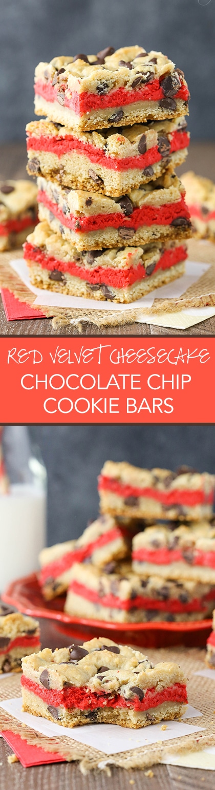 Red Velvet Cheesecake Chocolate Chip Cookie Bars - Chewy chocolate chip cookie surrounds red velvet cheesecake! Easy to make and great for Valentines Day!