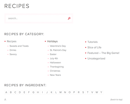 A Screenshot of the New Life, Love and Sugar Recipe Index