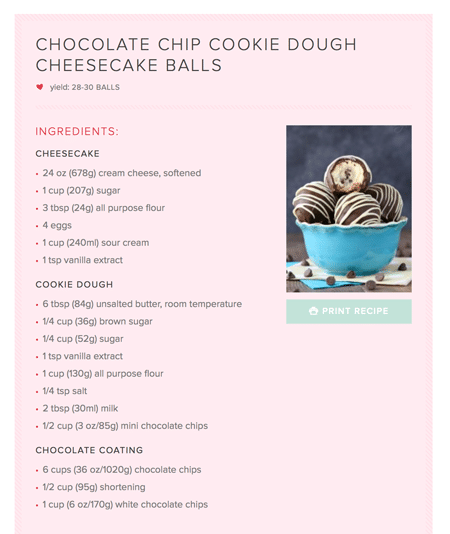 The Recipe Card for Chocolate Chip Cookie Dough Cheesecake Balls