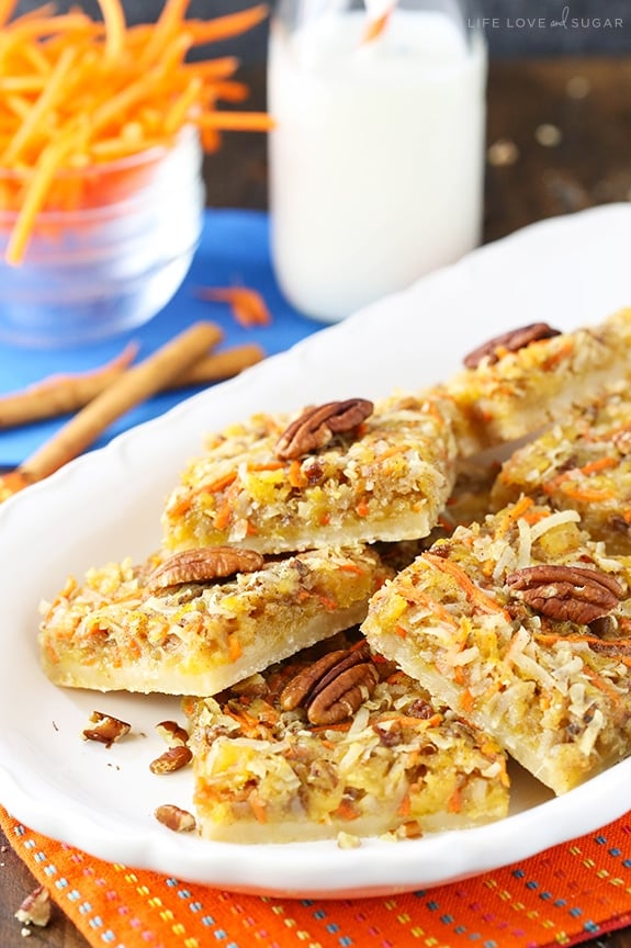 Carrot Cake Shortbread Bars on a platter